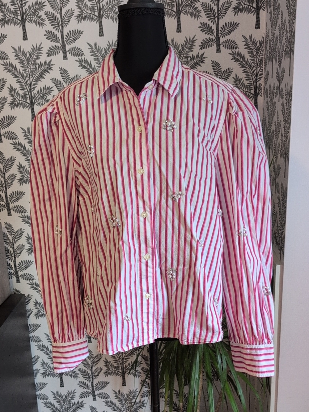 Free Assembly Striped Pink and White Embellished Women's Button-Up Shirt